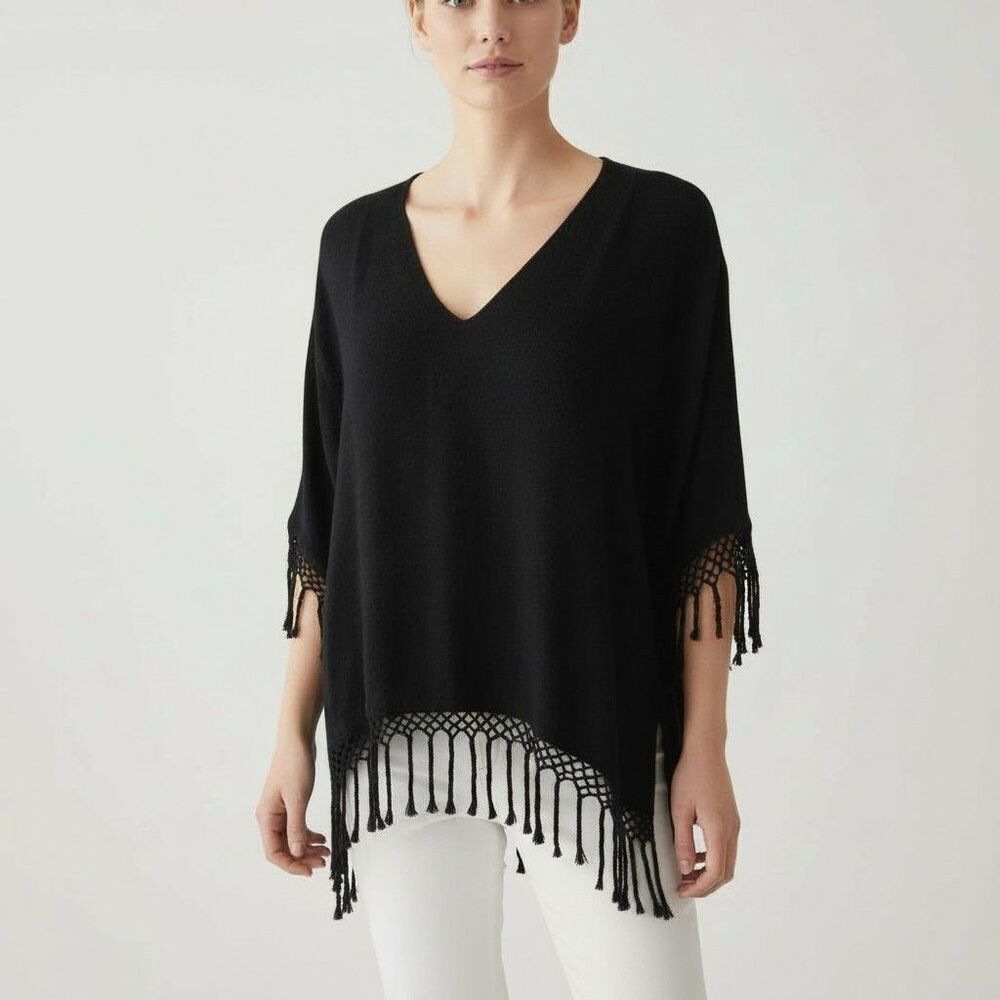 Dairi Fashion Black Fringe Crochet Tunic Top One Size Boho V‑Neck Morocco NWT